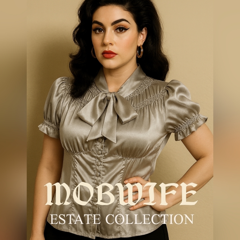 💎 MOBWIFE ESTATE COLLECTION 💎Silvery Satin Blouse | Puff Sleeves | Ruched Bow